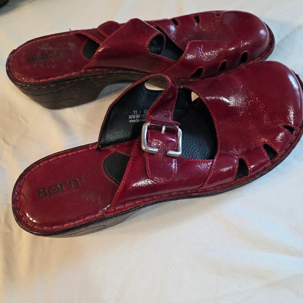 Born Leather Slide Sandals Womens 11 EU 43 Red Cutout Buckle Comfort Wedge Heel